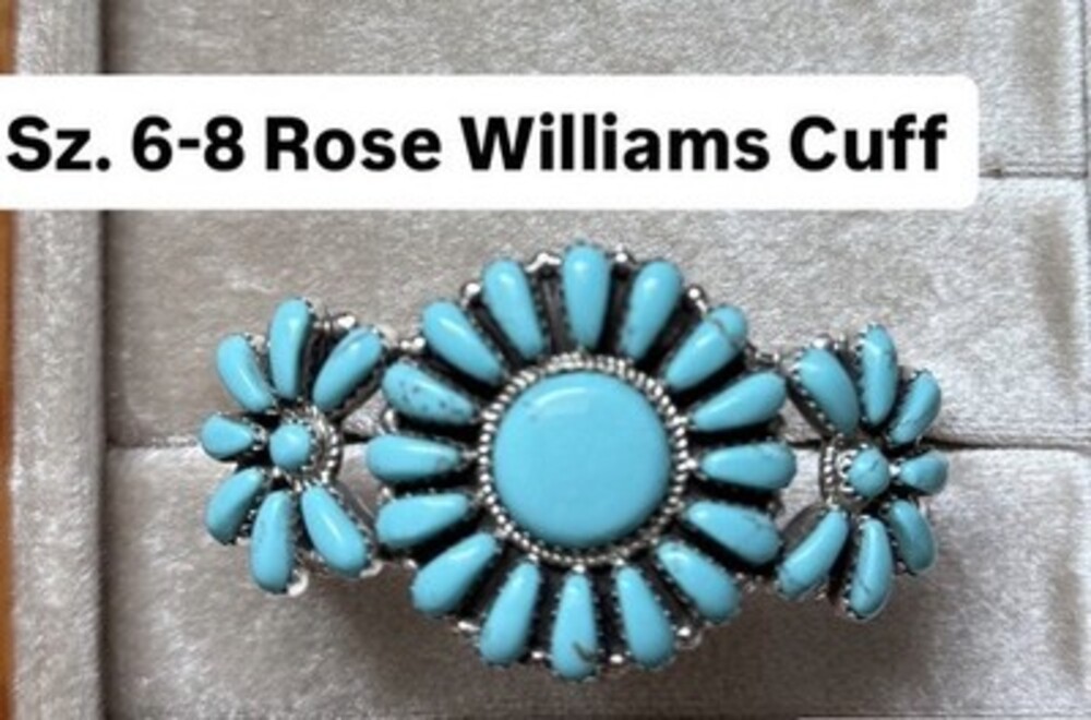 Rose Williams Signed Sterling Silver Turquoise Cabochon Flower Cuff Bracelet